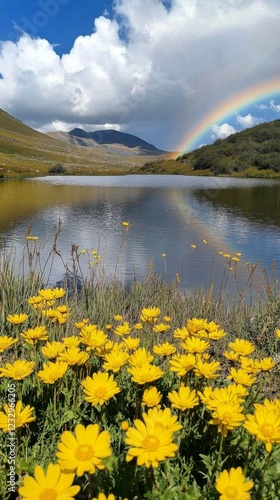 Beautiful spring landscape with yellow flowers and a rainbow over a serene mo...