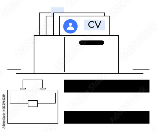File box with resumes and profile icons, next to a briefcase. Ideal for job search, hiring, recruitment, career growth, HR processes, resume preparation workplace themes. Abstract line flat metaphor