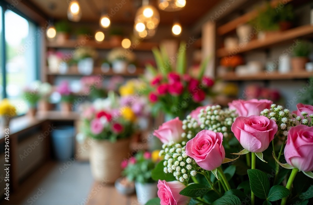 Obraz premium Big bouquet of colorful spring flowers over blurred flower shop background. Valentines day, Women's and Mother's day, wedding, anniversary. Holiday of love. Romantic gift. Pink roses. Copy space.