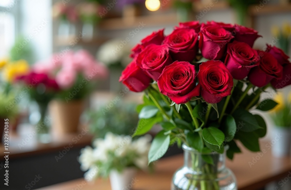 Big bouquet of colorful spring flowers in a vase on flower shop background. Valentines day, Women's and Mother's day, wedding, anniversary. Holiday of love. Romantic gift. Bunch of red roses. Big bouquet of colorful spring flowers in a vase on flower shop background. Valentines day, Women's and Mother's day, wedding, anniversary. Holiday of love. Romantic gift. Bunch of red roses.