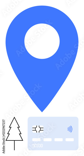 Blue map pin, tree, and credit card with contactless icon convey eco-friendly transactions, mobile payments, navigation, location targeting, green technology, and sustainability. Ideal for digital Free Download Blue map pin, tree, and credit card with contactless icon convey eco-friendly transactions, mobile payments, navigation, location targeting, green technology, and sustainability. Ideal for digital - GFXLoad