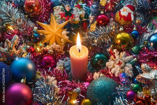 Beautiful holiday arrangement with candle and decorations set for festive cel...