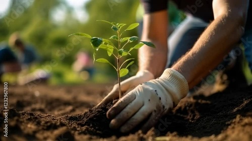 Person planting trees or working in community garden promoting local food production and habitat restoration, concept of Sustainability and Community Engagement