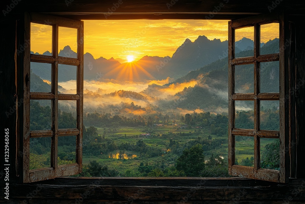Fototapeta premium Scenic rice terraces form the beautiful landscape nature view seen through a window in Chiang Mai, Thailand, Indochina, offering ample space for your text