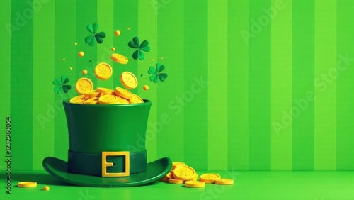 Stylish St. Patrick's Day card with a green top hat and gold coins. Wishing success, wealth and good luck. National holiday in Ireland photo