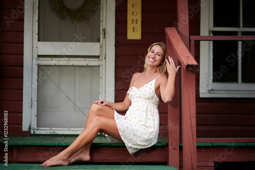 Konstfotografi Sexy blonde woman sits in short white sundress on front porch of house at dusk