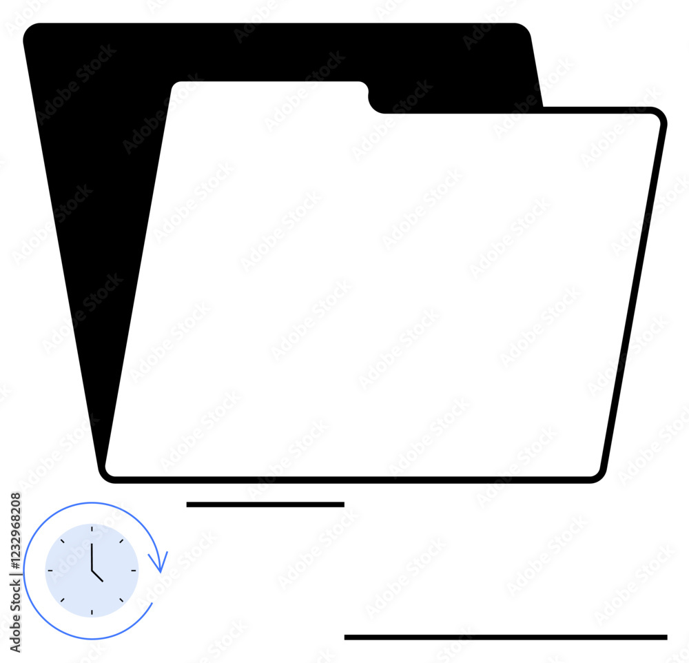 Minimalist file folder with a clock, symbolizing document management, deadlines, and productivity planning. Ideal for organization, efficiency, workflow, recordkeeping, storage schedules Minimalist file folder with a clock, symbolizing document management, deadlines, and productivity planning. Ideal for organization, efficiency, workflow, recordkeeping, storage schedules