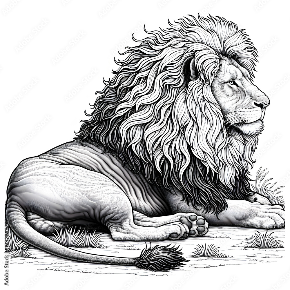 Obraz premium 2D Line Art Sketch of a Lion Resting in the Safari