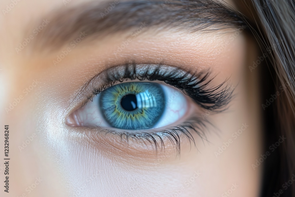 Detailed close-up of a womana??s soft aqua-blue eye, featuring gradient colors and intricate textures, captured in Detailed close-up of a womana??s soft aqua-blue eye, featuring gradient colors and intricate textures, captured in