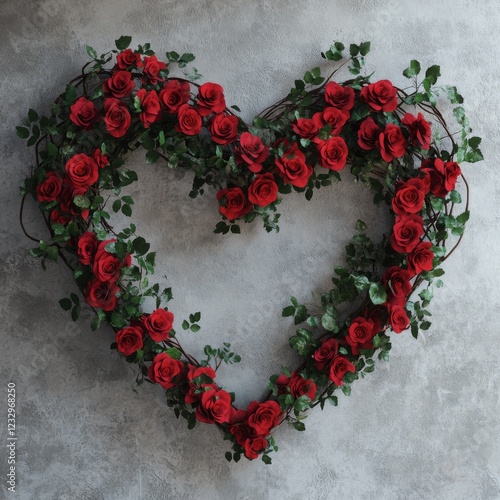 Heart-shaped arrangement of red roses on textured gray background for romanti...