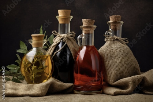 Different Bottles of Aromatic Vegetable Oil on Brown Burlap Background. Colorful and Useful Cooking Ingredient for Healthy Meals photo