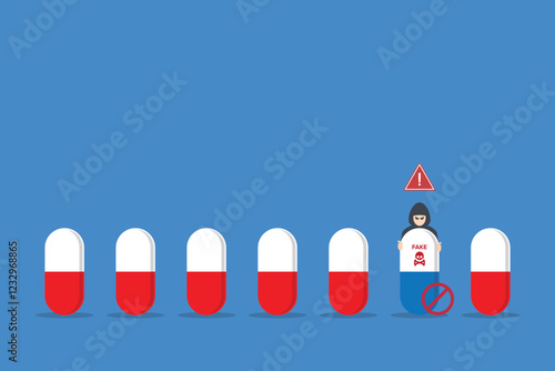 Fake medicine. Pill and tablet, criminal selling illegal drugs. Fake drugs, pharmaceutical. Symbolic for harmful counterfeit pills, risk and danger of illegal produced and sold pharmaceuticals.	