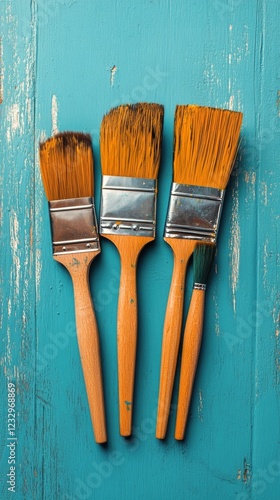 Artists tools with vibrant blue paint on a wooden surface