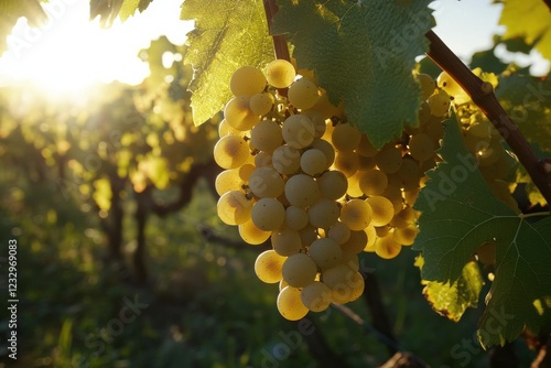 Sunlit vineyard with ripe grapes hanging on the vine during golden hour in a ...