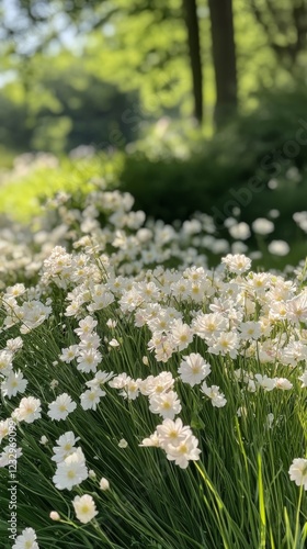White flower petals scattered on green grass in a peaceful garden setting