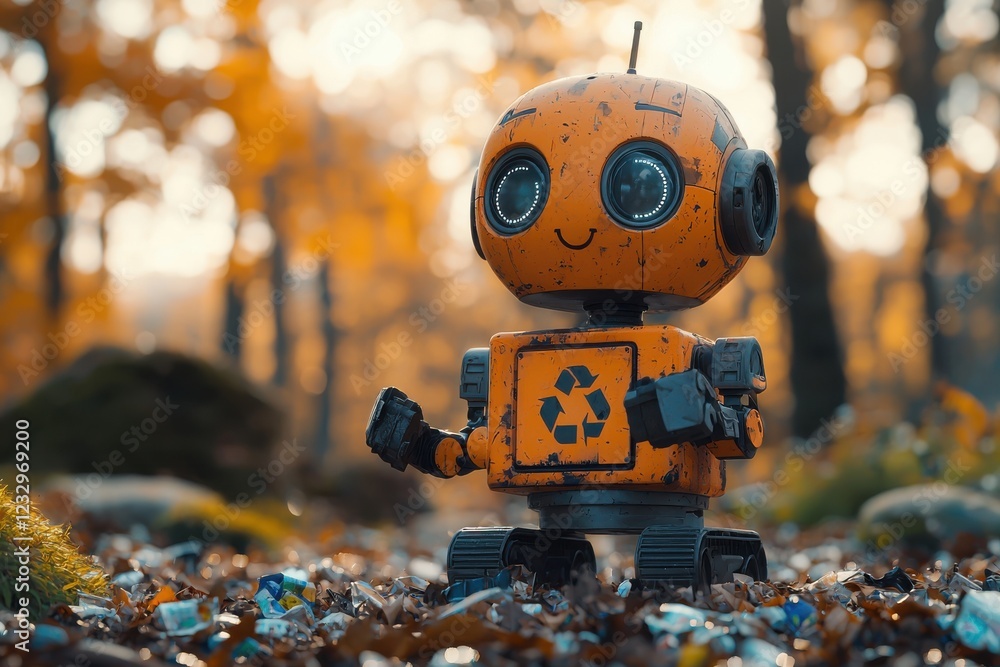 Charming small robot collecting trash in a vibrant autumn forest filled with fallen leaves and colorful trees