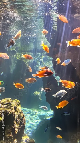 Colorful underwater scene with various fish swimming in a clear aquarium envi...