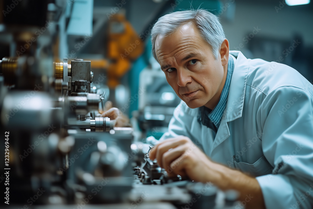 Skilled worker concentrates on precision machinery in a tech setting Skilled worker concentrates on precision machinery in a tech setting