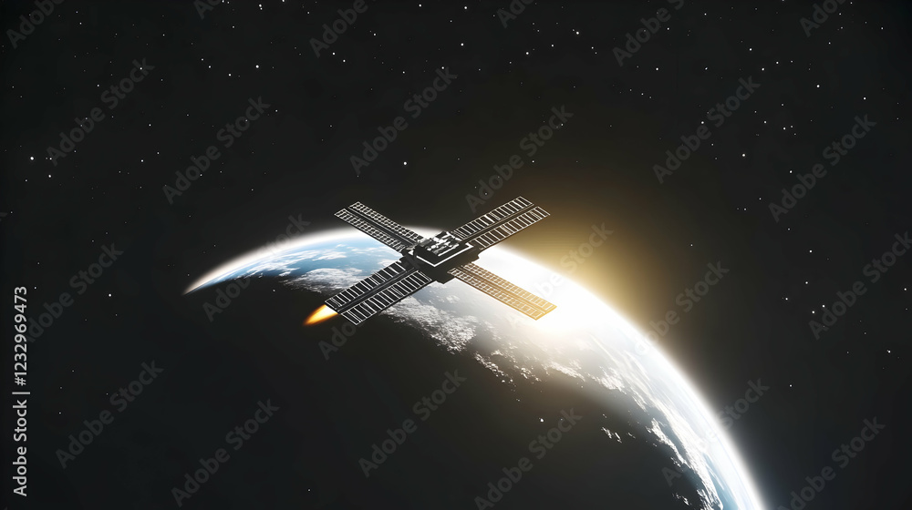 Obraz premium Satellite orbiting Earth, sunrise, space exploration.