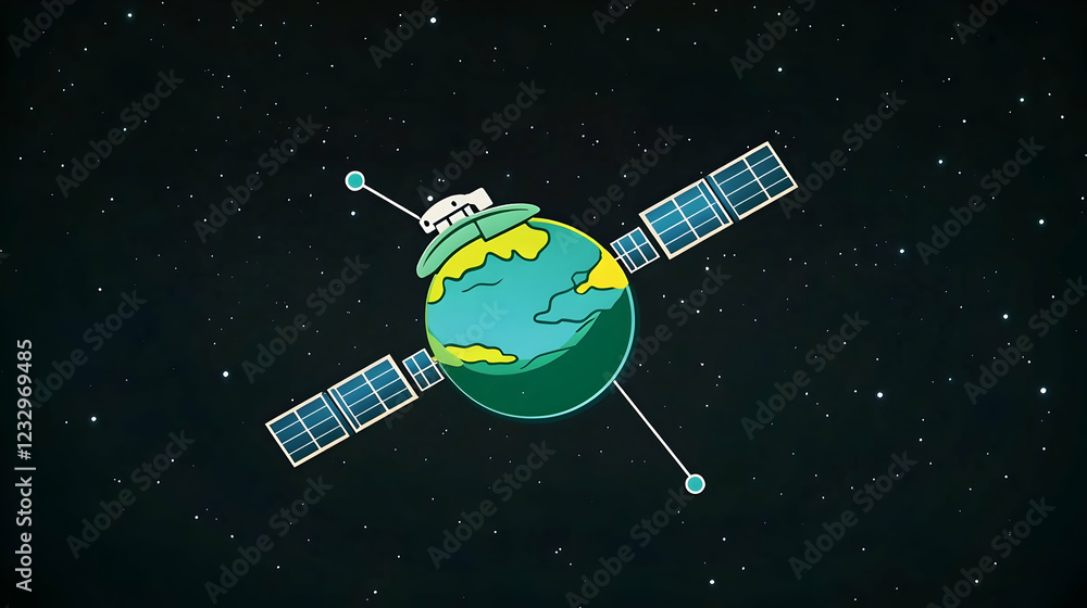 Naklejka premium Satellite orbiting Earth with a small spaceship.