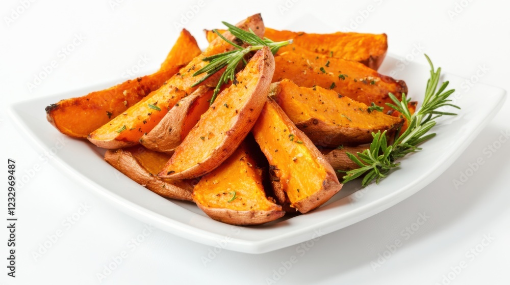 A simple serving of roasted sweet potato wedges, lightly seasoned and arranged on a plain white ceramic plate, Sweet potato wedges centered A simple serving of roasted sweet potato wedges, lightly seasoned and arranged on a plain white ceramic plate, Sweet potato wedges centered