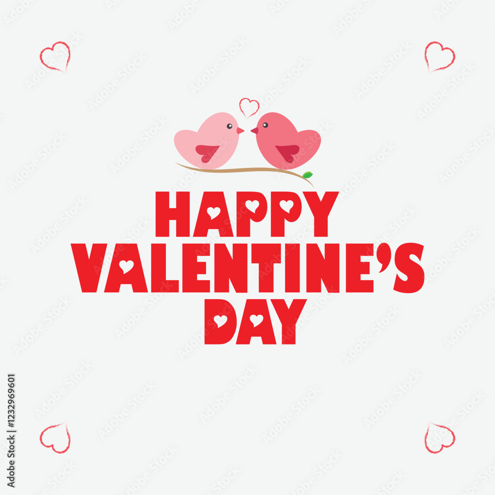 Fototapeta premium Minimalist Valentine's Day Vector with Love Birds, Hearts, and Pink Aesthetic