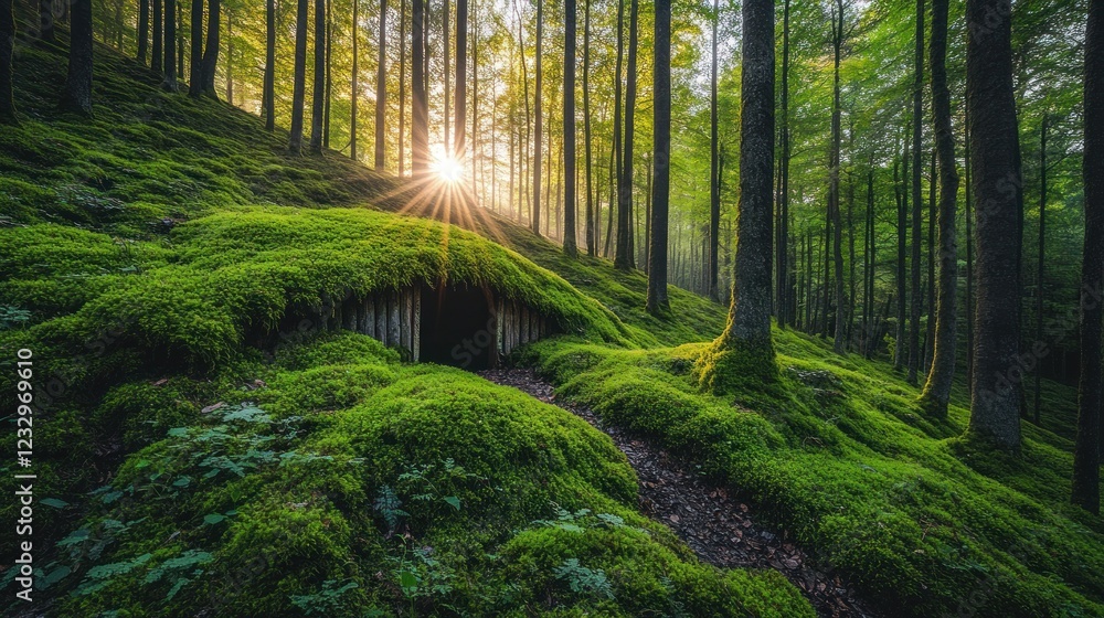Obraz premium Sunrise in mossy forest, hidden hut, nature scene, wallpaper
