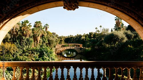 Scenic view of a stone bridge over a calm river in a lush garden, seen through an arched window. photo