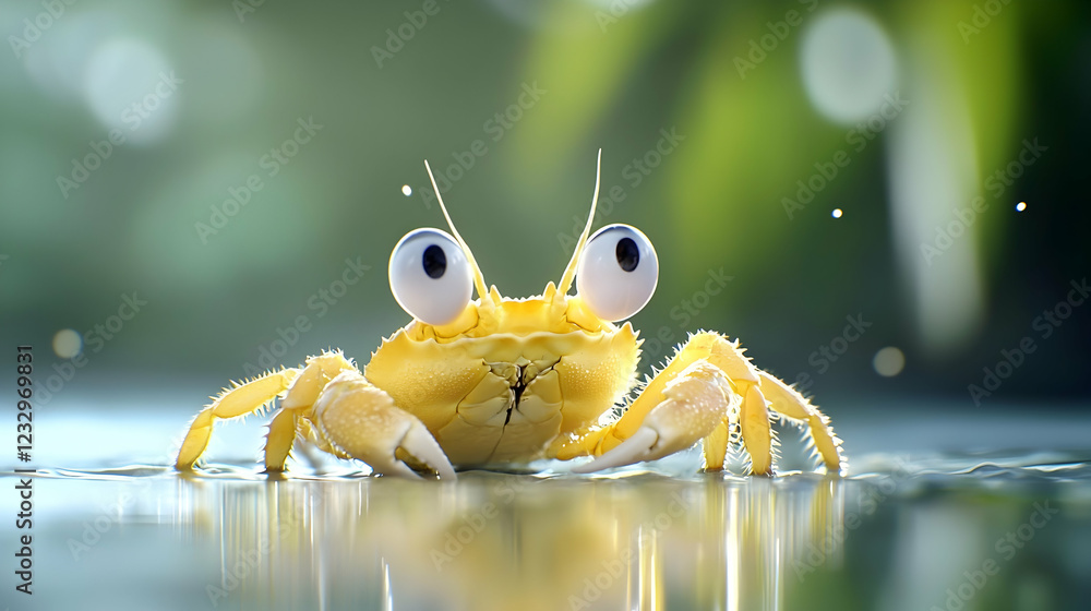 Fototapeta premium Cute Yellow Cartoon Crab on Reflective Surface