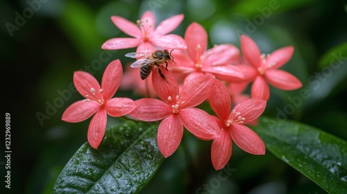 Busy bumblebee pollinating pink flowers in a vibrant garden during springtime...