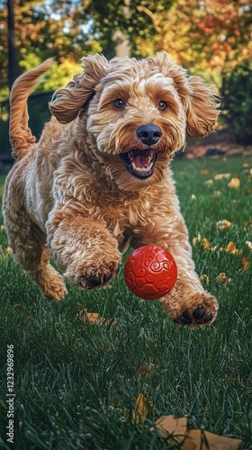 Excitable dog running in a grassy field while chasing a bright red ball