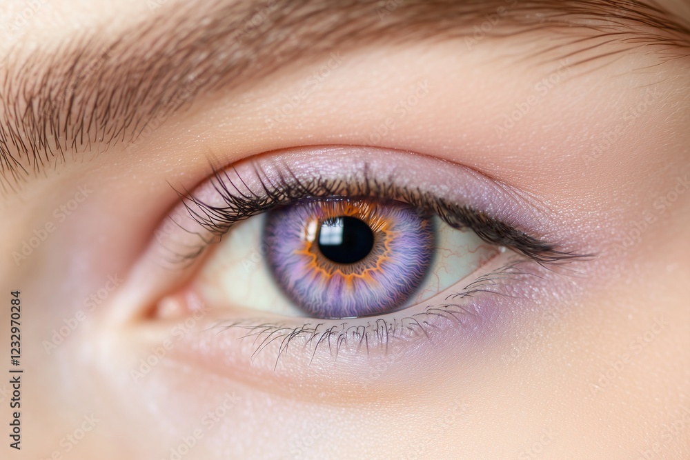 Obraz premium Detailed close-up of a womana??s pastel lavender eye, showcasing fine gradients and intricate patterns in the iris, captured in