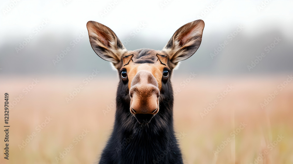 Young moose stares, autumn field, wildlife portrait, nature background Young moose stares, autumn field, wildlife portrait, nature background