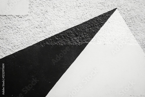 Bold geometric patterns of black and white intersecting on a textured wall su...