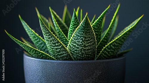 Potted aloe plant closeup on dark background, indoor decor