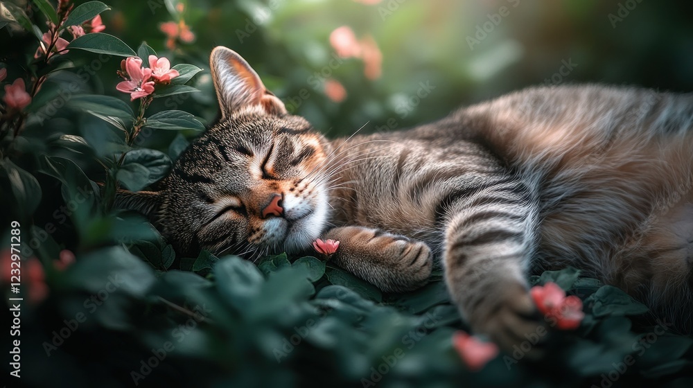 Fototapeta premium Tabby cat naps in blooming garden