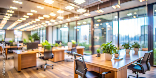 Bright and spacious office with large windows allowing natural light and numerous plants strategically placed on desks  enhancing the work environment for employees