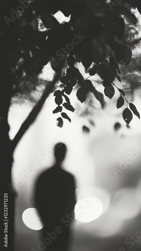 Silhouette of a person standing among foliage in a misty setting at dusk