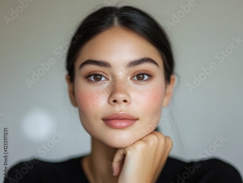 closeup portrait of a woman with natural makeup and clear skin