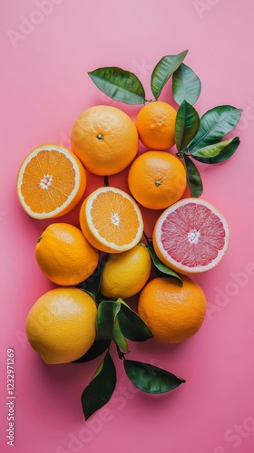 Fresh citrus fruits arranged on a pink background with green leaves and vibra...