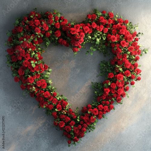 Heart-shaped arrangement of red roses on textured gray background for romanti...