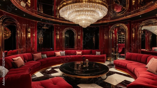 Luxurious red velvet seating surrounds a circular table in an opulent room with a grand chandelier.