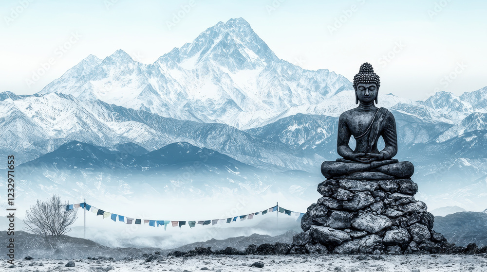 Serene Buddha Statue Overlooking Majestic Snow-Capped Mountains Serene Buddha Statue Overlooking Majestic Snow-Capped Mountains