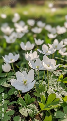 White flower petals scattered on green grass in a peaceful garden setting