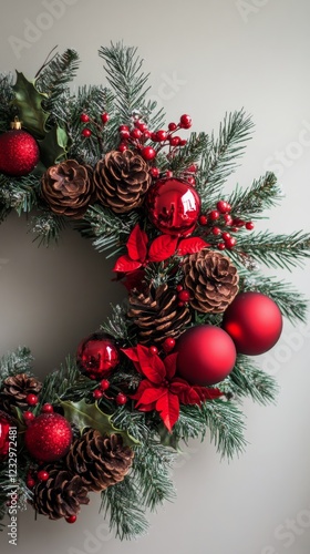 Beautiful holiday wreath adorned with red ornaments and pinecones on wooden b...