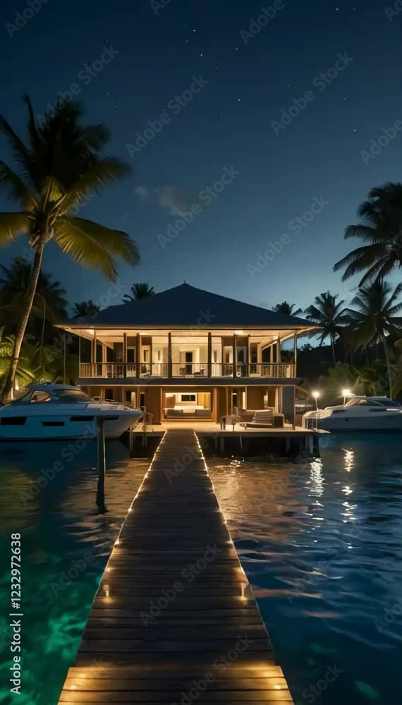 a private dock leading from the villa to a luxury yacht moored nearby, with underwater lights illuminating the lagoon at night a private dock leading from the villa to a luxury yacht moored nearby, with underwater lights illuminating the lagoon at night