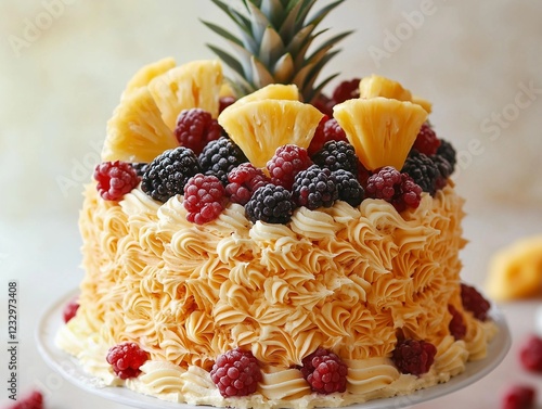 A tropical fruit-themed birthday cake with pineapples and berries, isolated on a soft-colored backdrop. photo