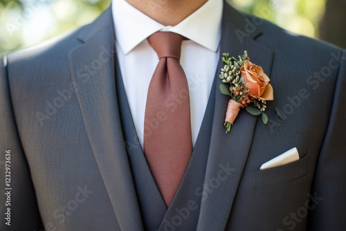 Smartly dressed man in gray suit with elegant floral boutonniere, suitable fo...