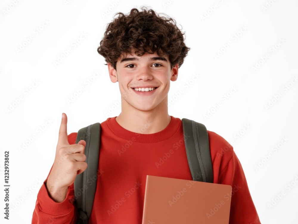 smiling student with backpack and folder pointing up smiling student with backpack and folder pointing up