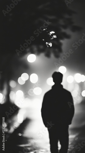 Silhouette of a person standing among foliage in a misty setting at dusk